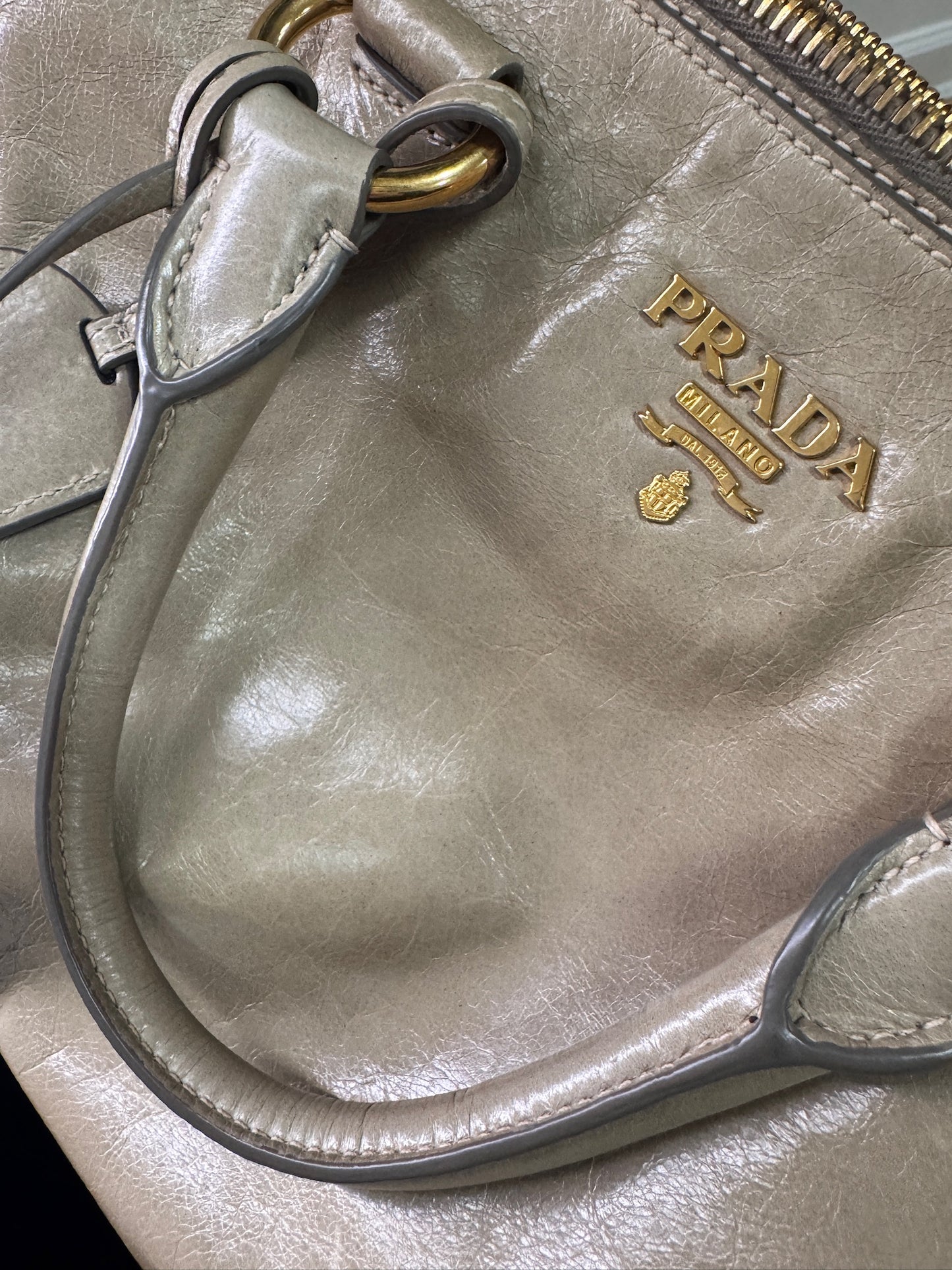 Prada Vintage Taupe Glossy Leather Top Handle Satchel