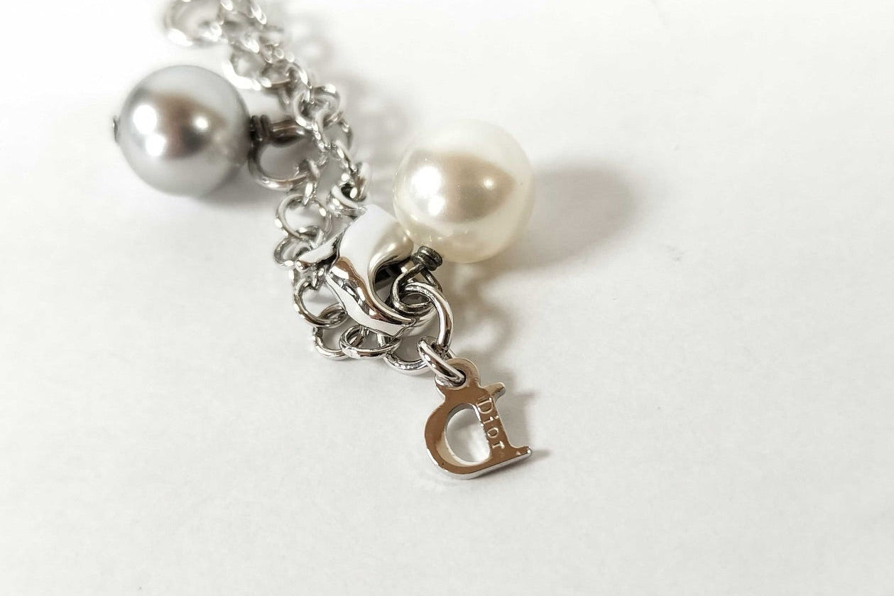 Dior Vintage Glass Rose & Pearl Charm Necklace (Silver Tone)