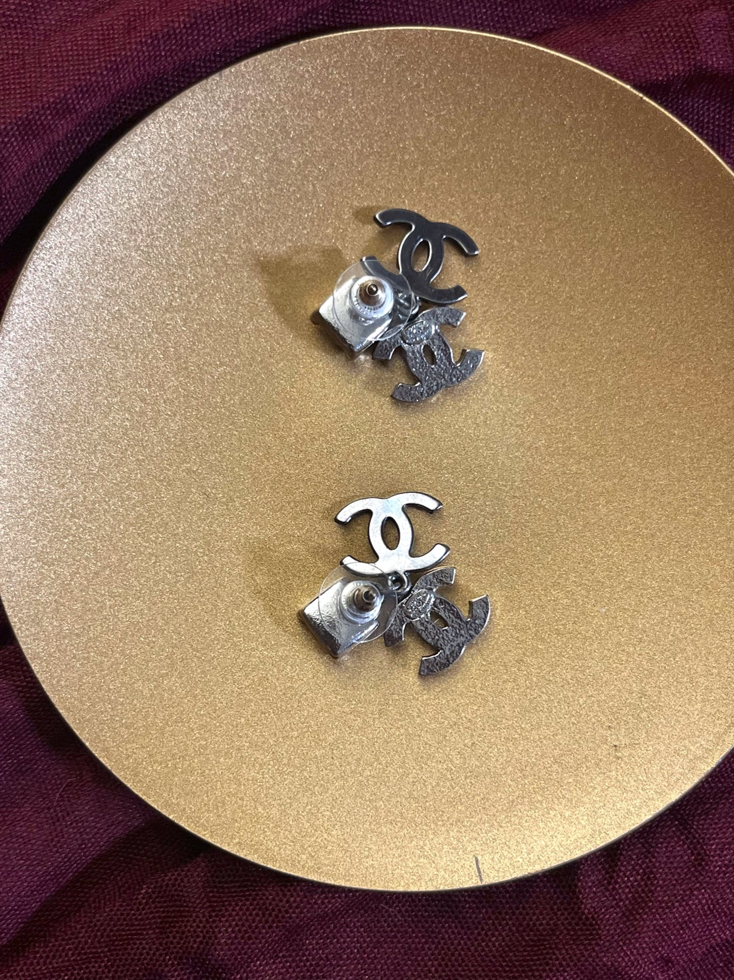 Chanel 2003 Black & Silver Double CC Crystal Drop Earrings