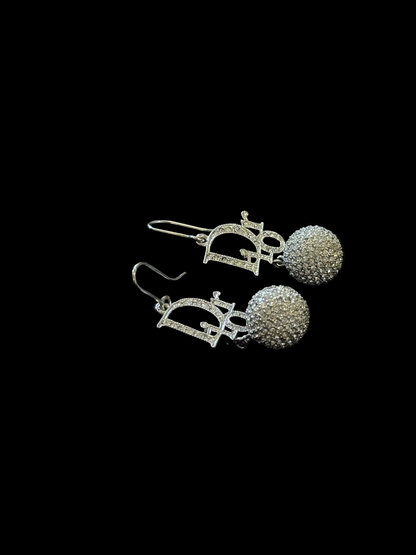 Vintage Dior Crystal Logo Ball Drop Earrings – Silver Tone