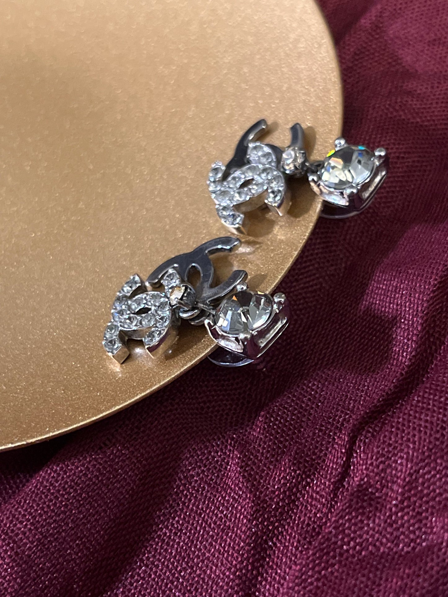 Chanel 2003 Black & Silver Double CC Crystal Drop Earrings