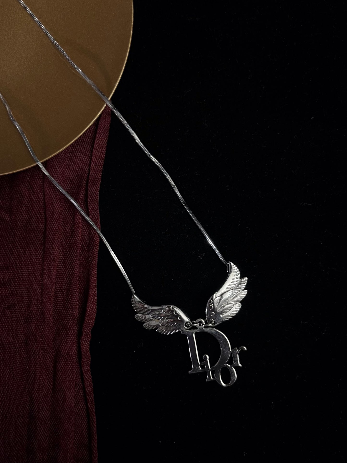 Dior Vintage Silver Angel Wing Logo Necklace
