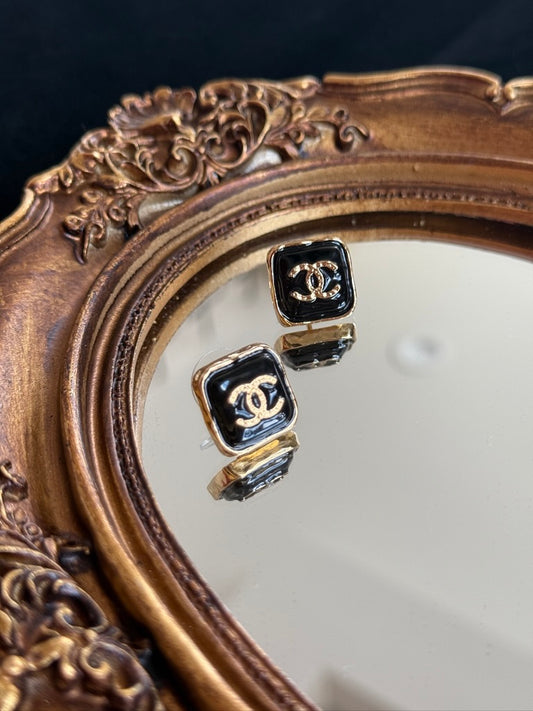 Chanel 2024 Black Enamel Square Stud Earrings with Gold CC Logo