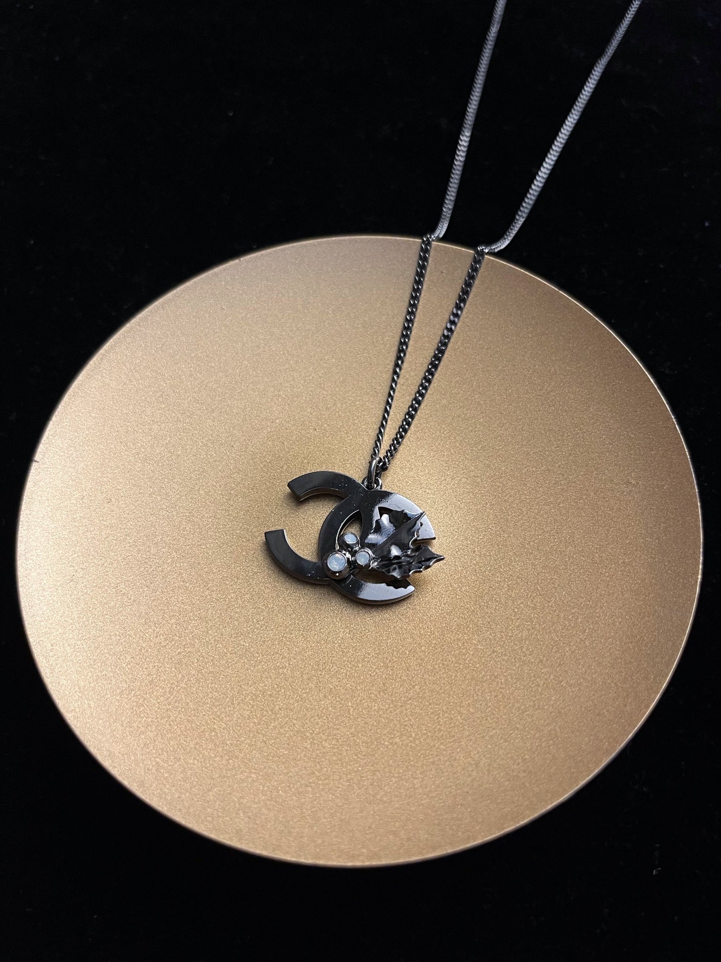 Chanel 2005 Black & Silver Double CC Wing Pendant Adjustable Necklace