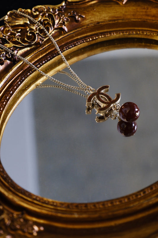 Chanel 2012 Deep Ruby Bead Logo Pendant Necklace