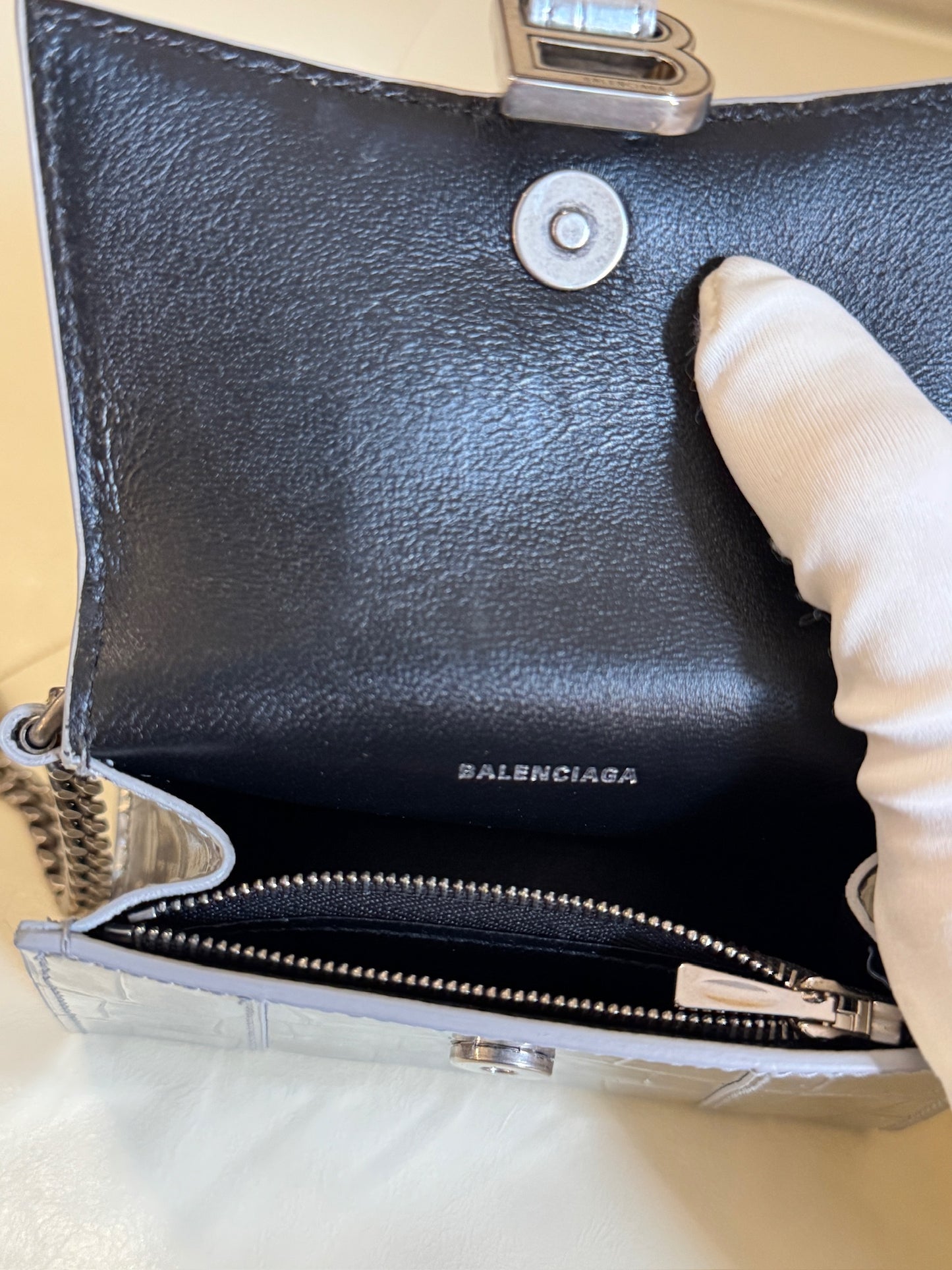 Balenciaga Nano Hourglass Metallic Silver Croc-Embossed Card Holder