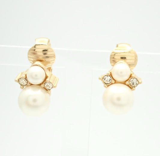 Vintage Dior Gold CD Pearl Crystal Clip-On Earrings