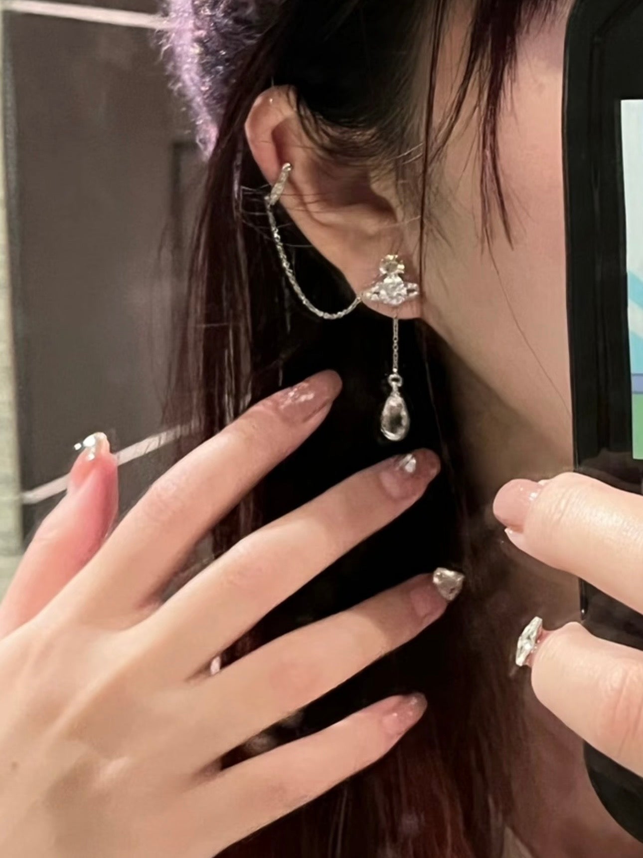 Vivienne Westwood 2010s "Celestial Drip" Crystal Orb Asymmetric Chain Drop Earrings