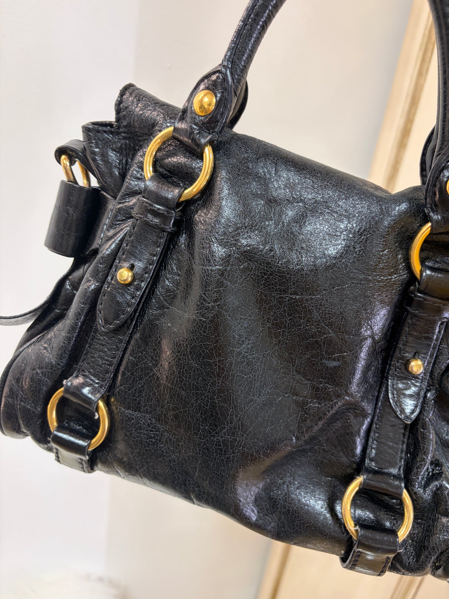 MiuMiu Vitello Lux Bow Satchel – Black