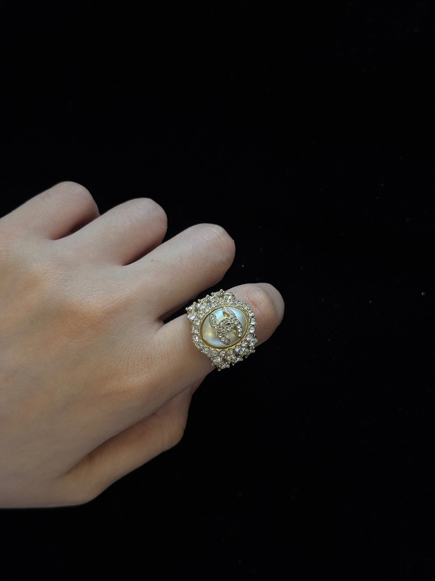 Chanel 2020 Gold-Tone CC Pearl Rhinestone Ring