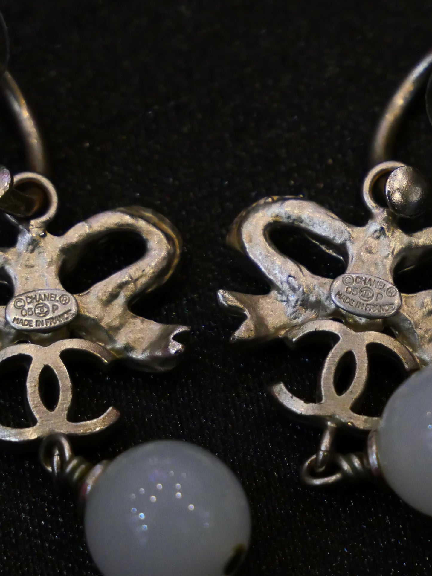 Chanel 2005 Bow & CC Faux Pearl Drop Earrings