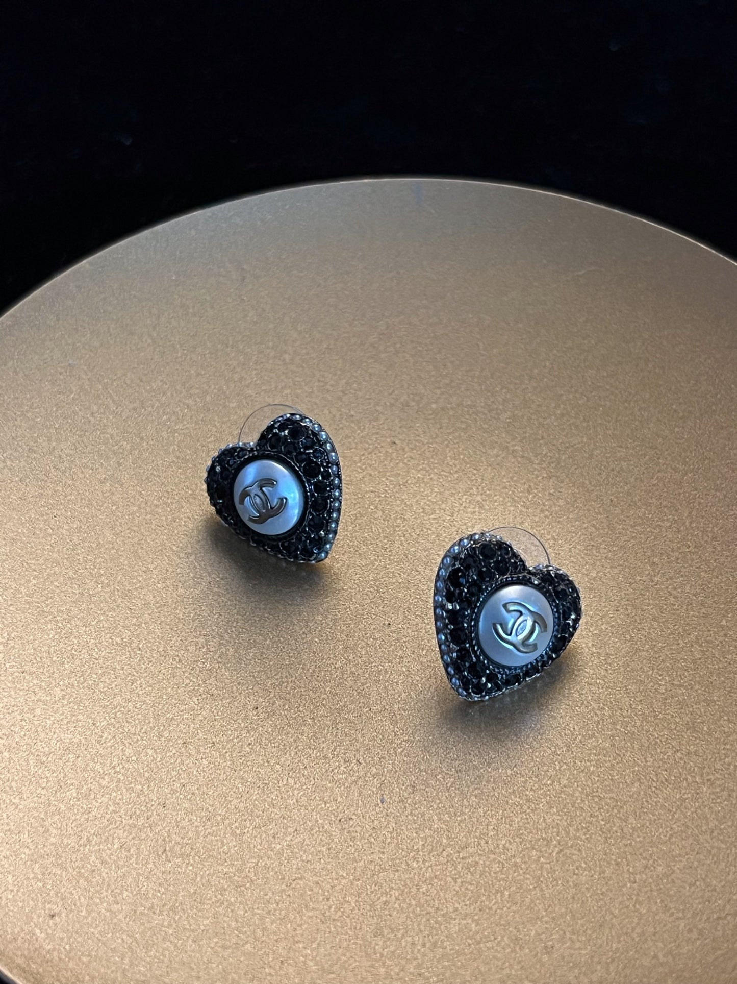 Chanel 2022 CC Black Crystal Heart Stud Earrings