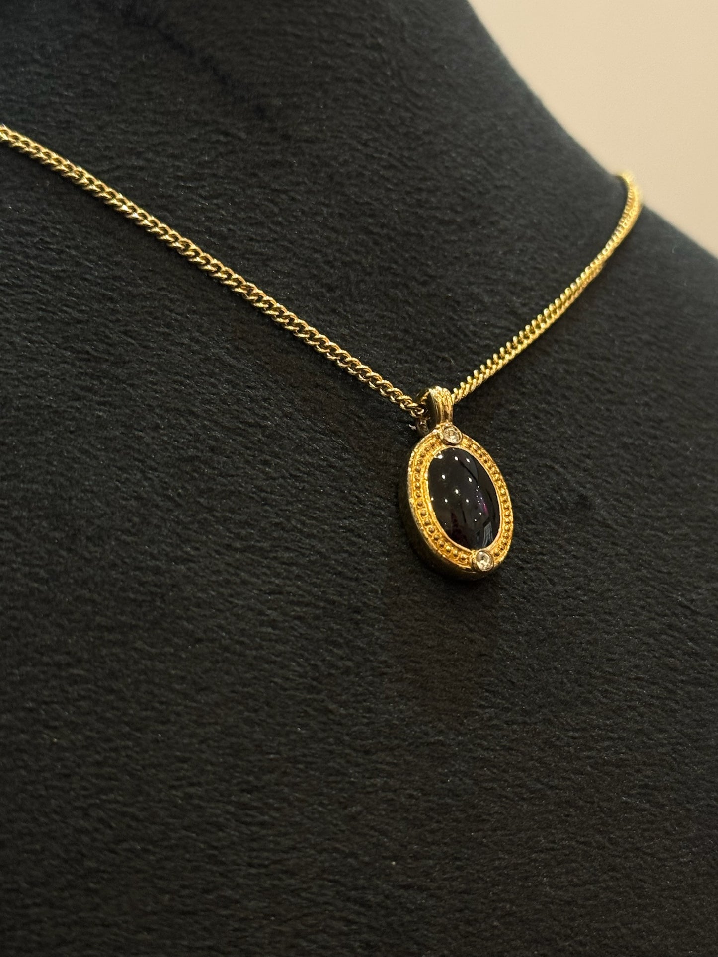 Vintage Dior Black Cabochon & Crystal Oval Pendant Necklace