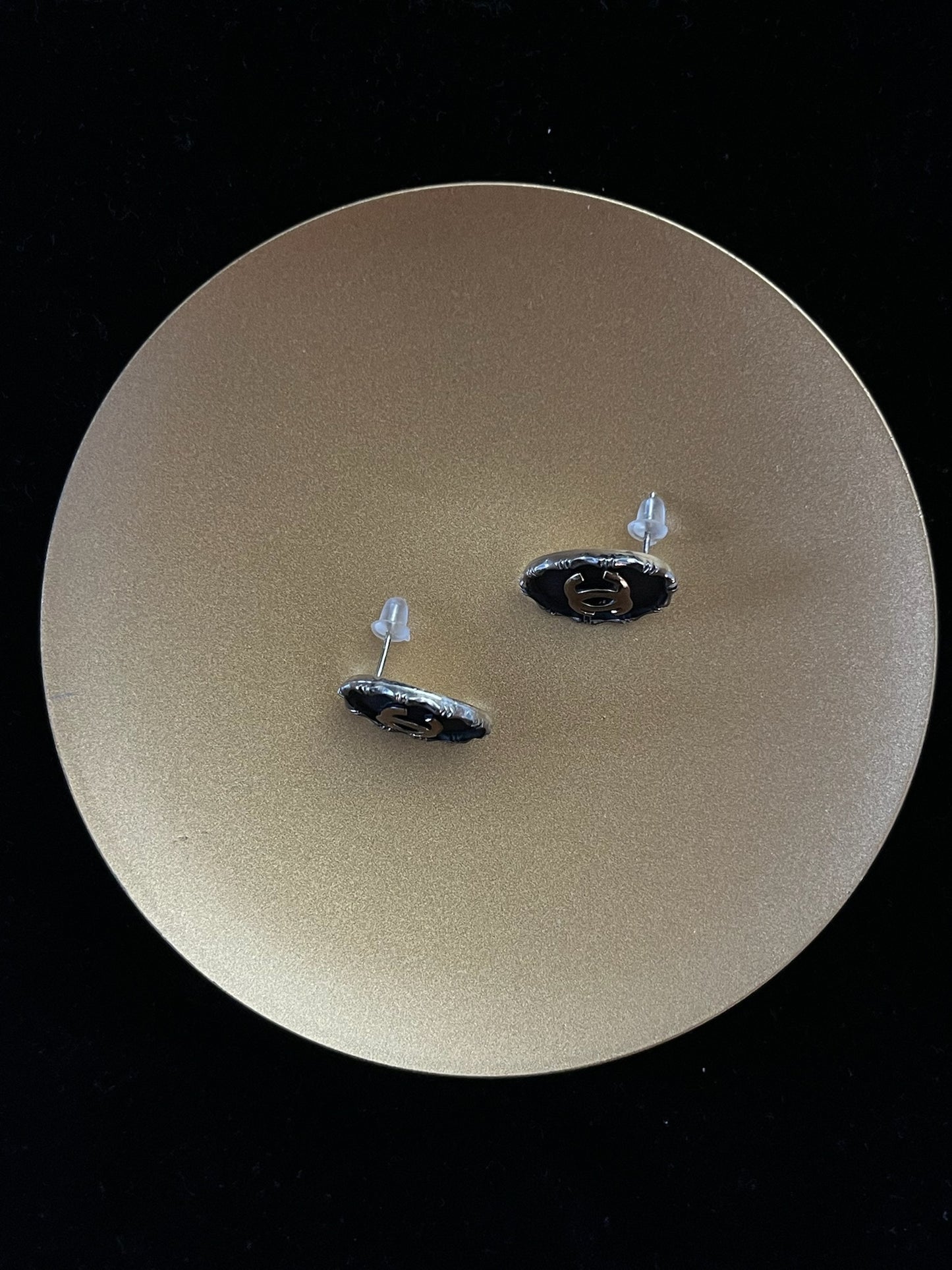 Chanel 1980s Black & Silver Shield Stud Earrings