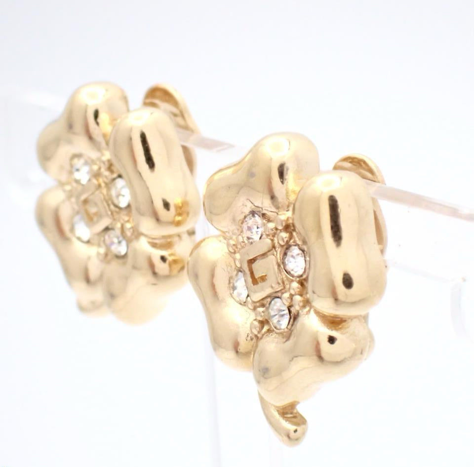 Vintage Givenchy Gold Clover Crystal Ear Clips