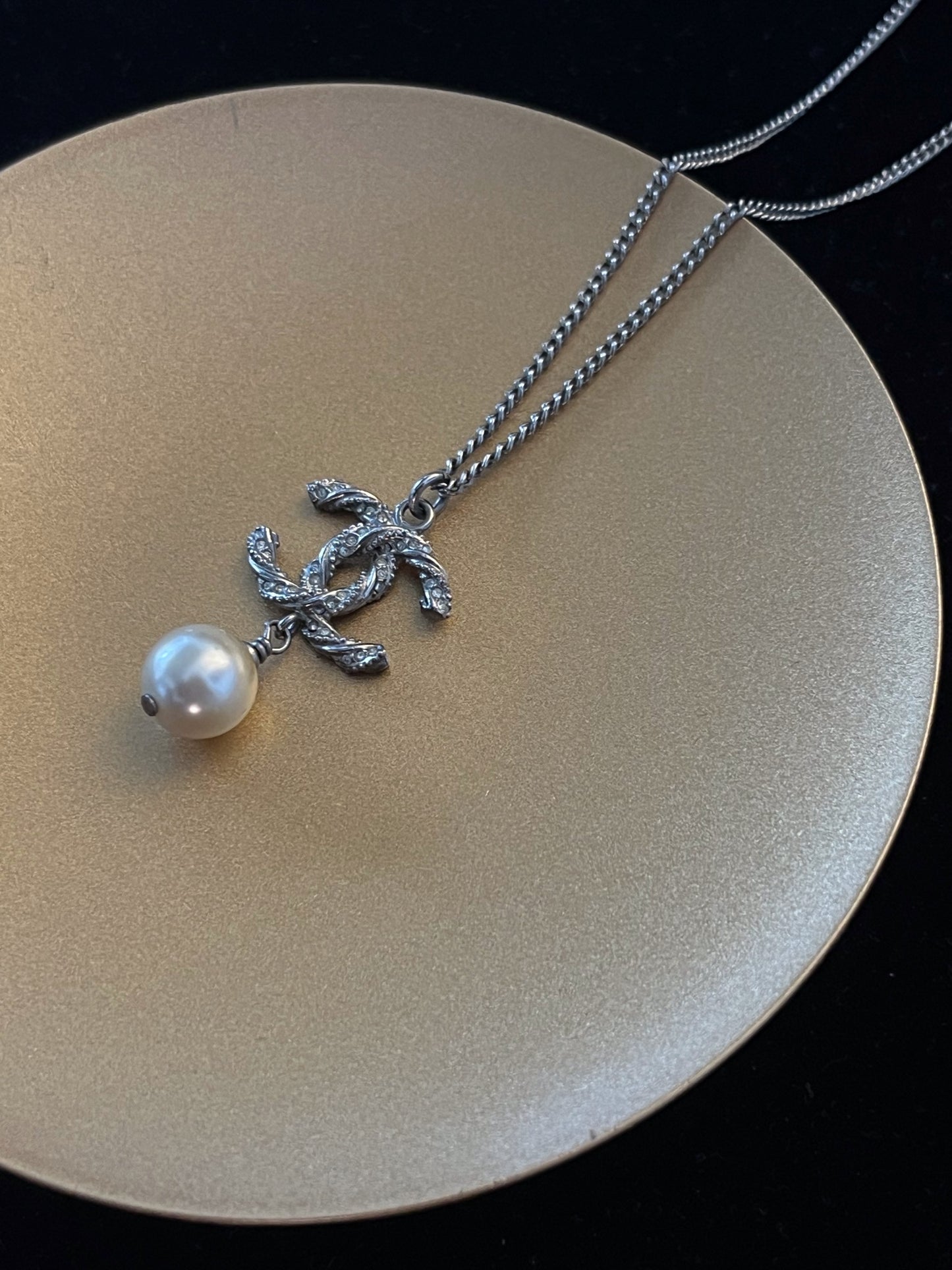 Vintage Chanel Twisted CC Pearl Drop Necklace – Silver Tone