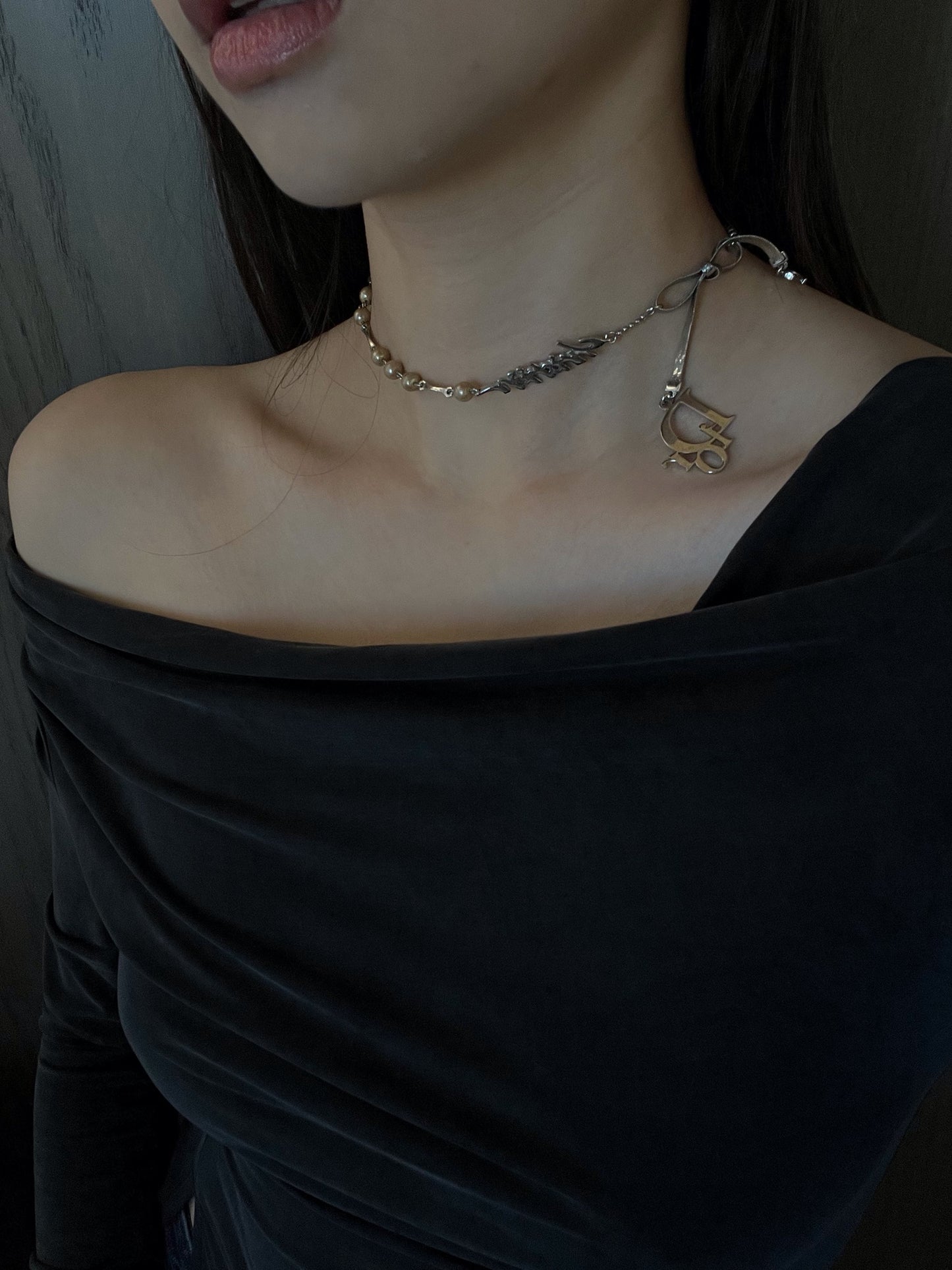 Dior Vintage Silver-Tone Bow & Pearl Choker Necklace