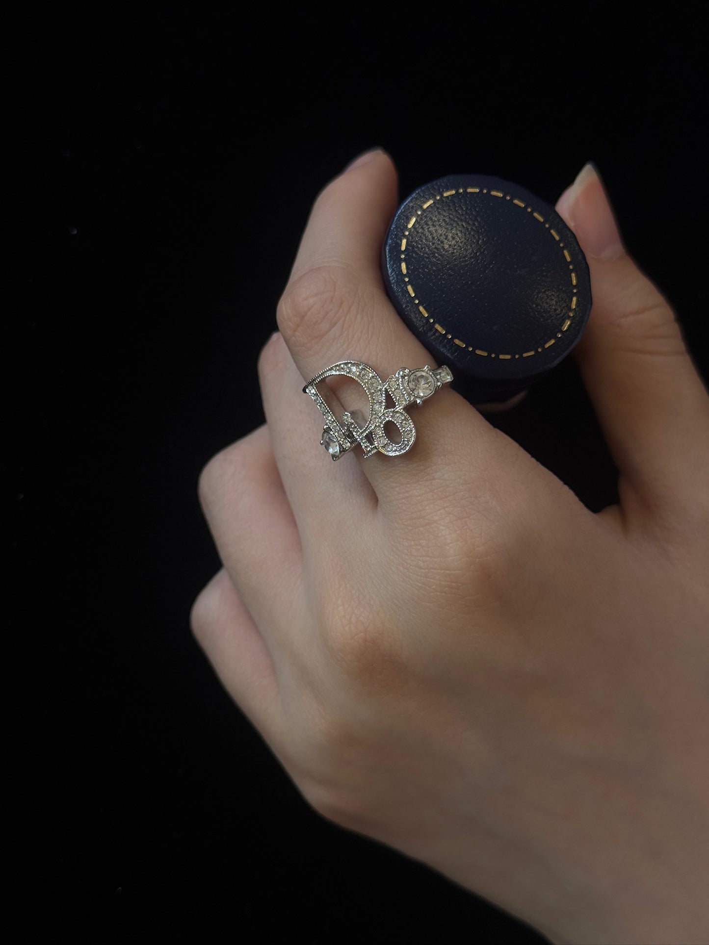 Dior Silver-Tone Rhinestone Logo Ring