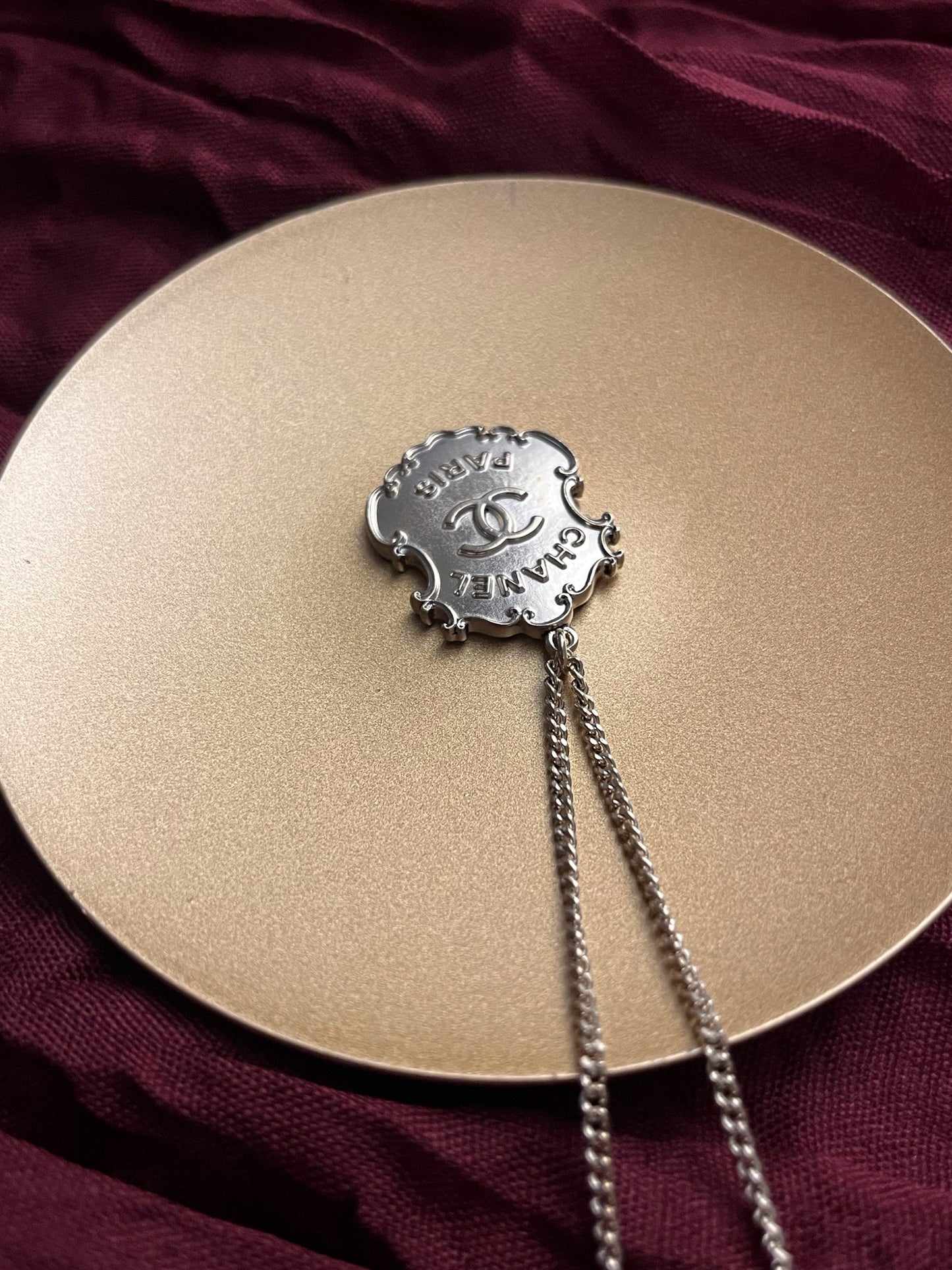 Chanel 2014 Vintage Silver-Tone CC Paris Dallas Medallion Necklace