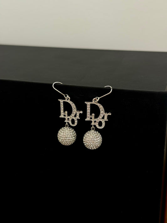 Vintage Dior Crystal Logo Ball Drop Earrings – Silver Tone