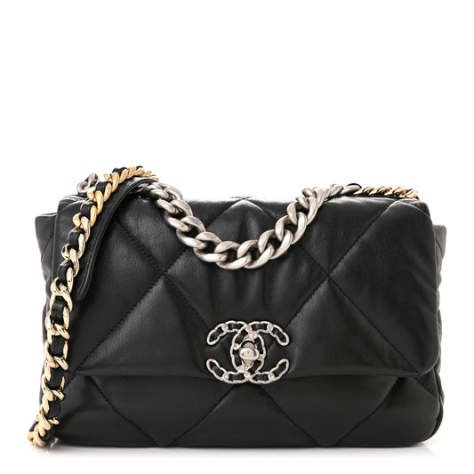 Goatskin Quilted Medium Chanel 19 Flap Black Silver Chain