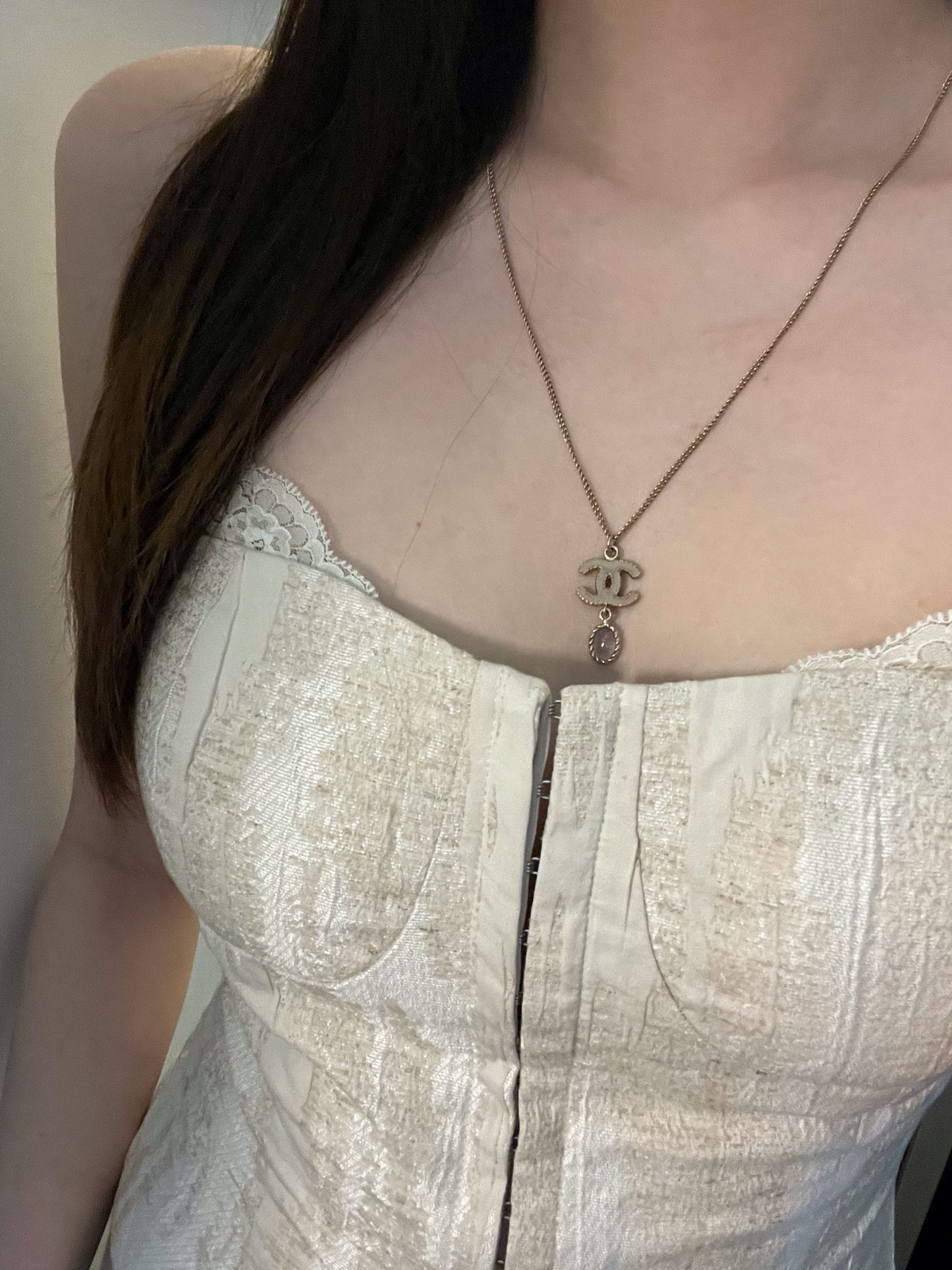 Chanel 2012 Gold CC Logo Pink Crystal Drop Necklace