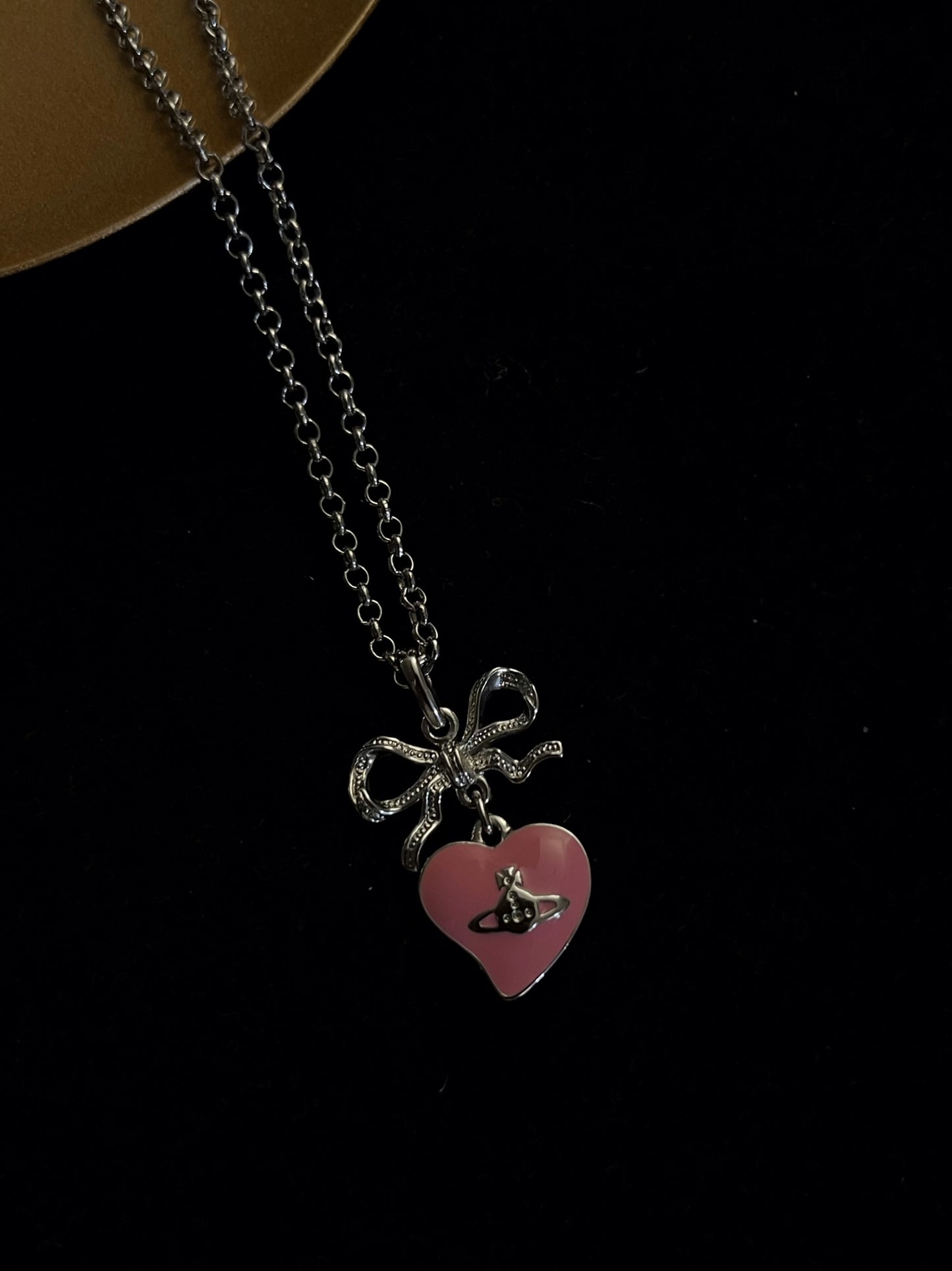 Vintage Vivienne Westwood Silver Bow Double-Sided Pink Heart Orb Necklace