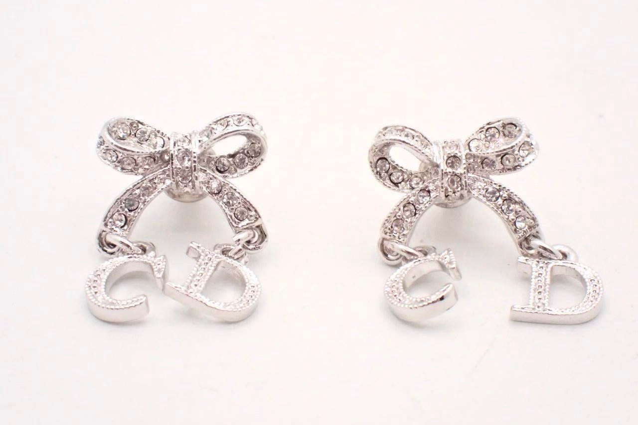 Dior Crystal Bow CD Charm Drop Earrings