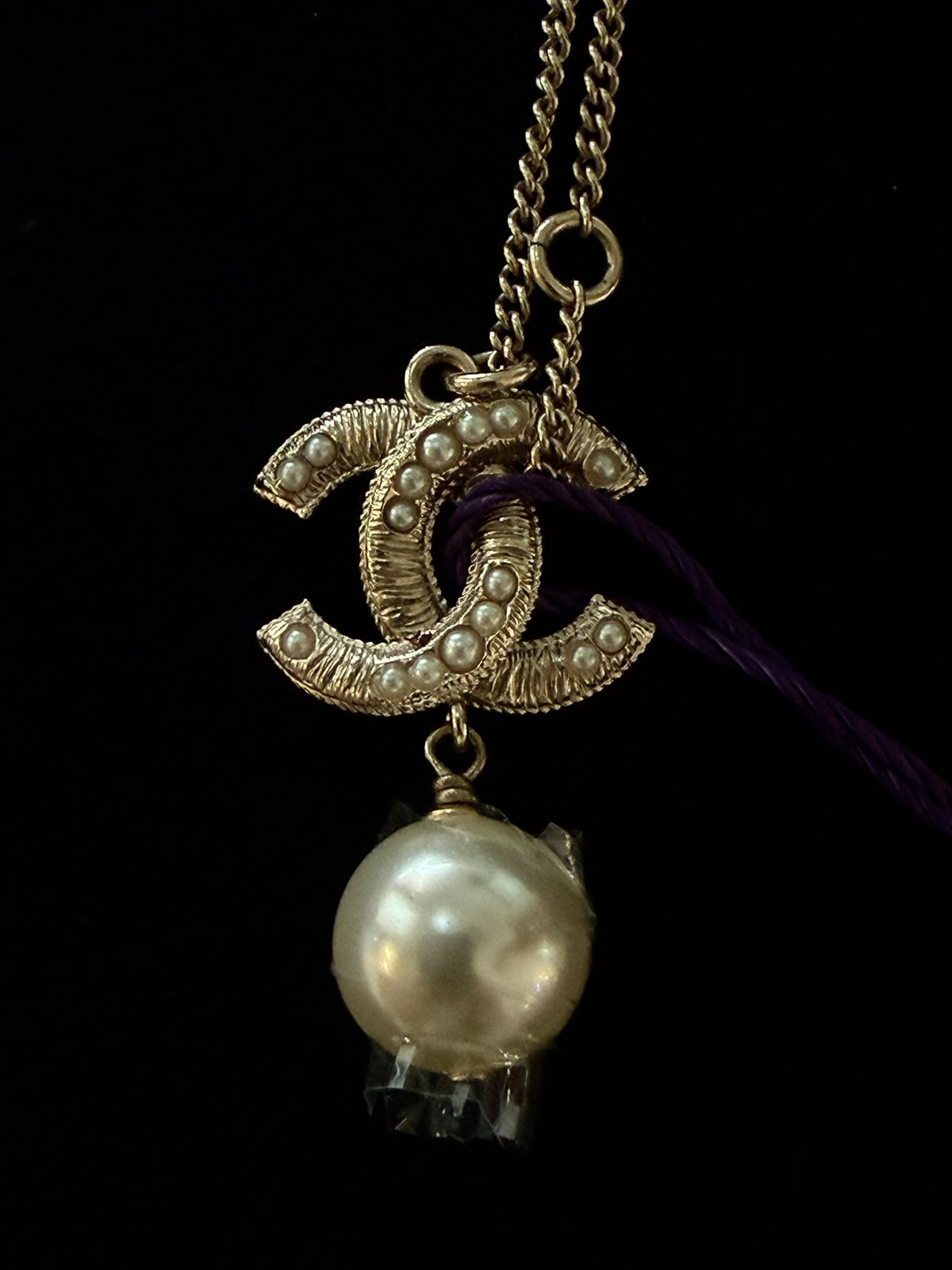 Chanel Crystal CC Faux Pearl Drop Pendant Necklace