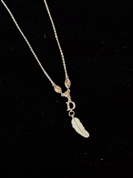 Vintage Dior Feather Charm Necklace – Silver Tone
