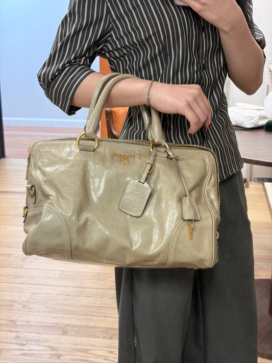 Prada Vintage Taupe Glossy Leather Top Handle Satchel