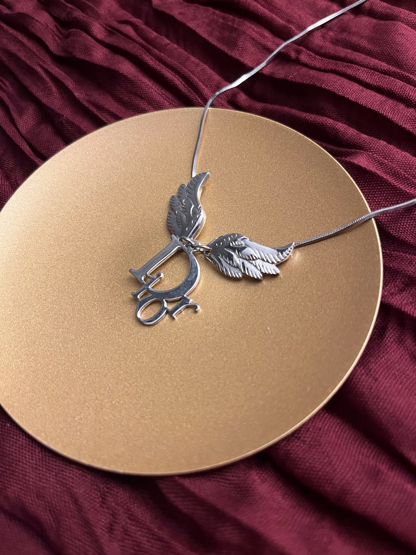 Dior Vintage Silver Angel Wing Logo Necklace