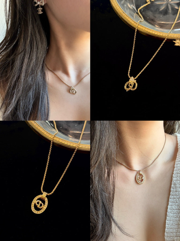 Dior Vintage Gold-Tone Script Logo Necklace with Crystal Accent
