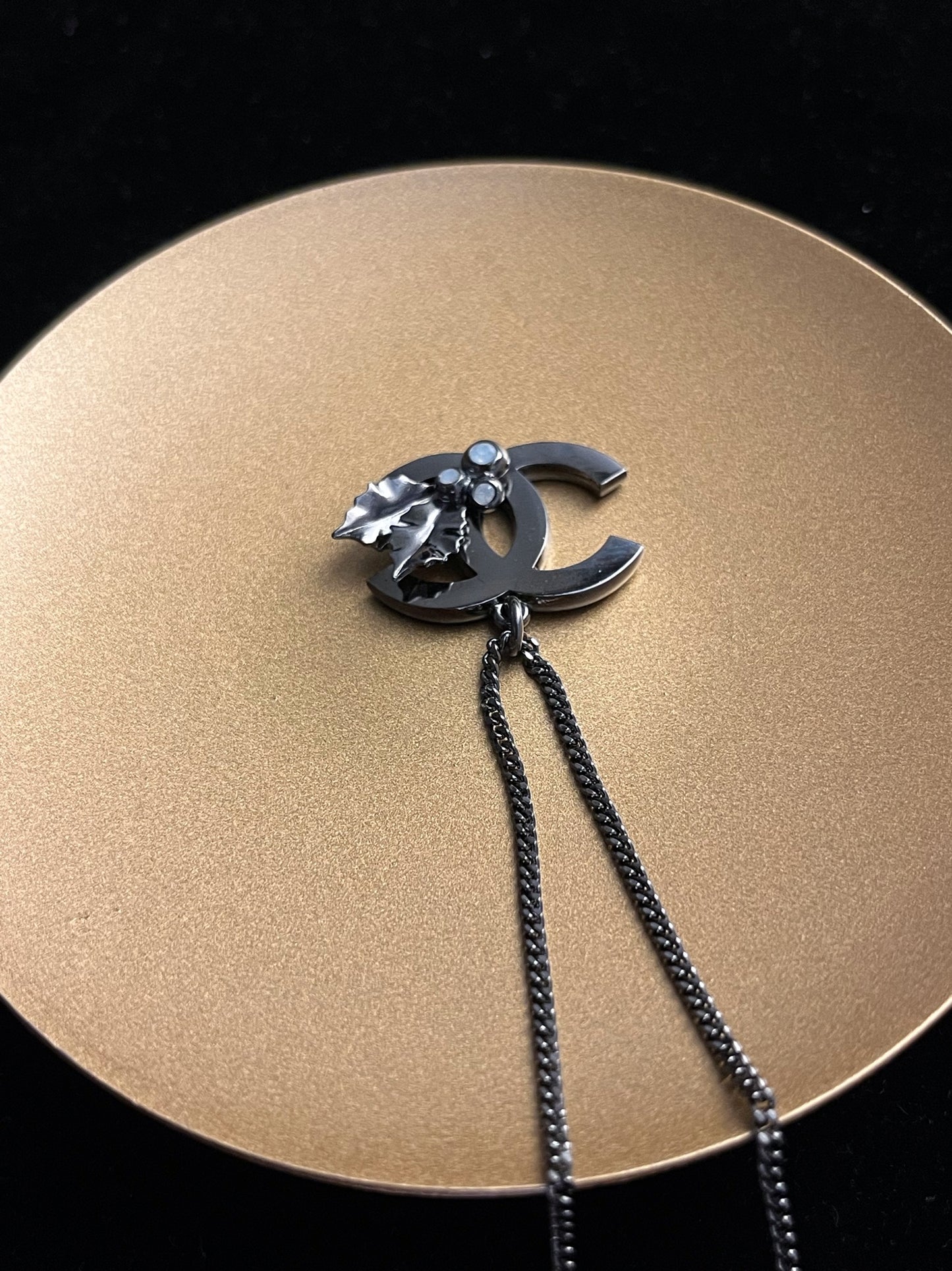 Chanel 2005 Black & Silver Double CC Wing Pendant Adjustable Necklace