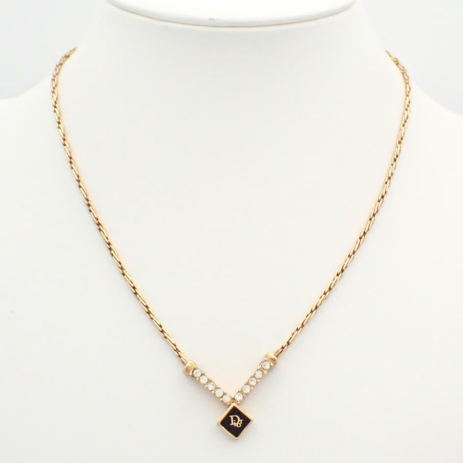 Dior Vintage Crystal V Pendant Necklace (Gold Tone)