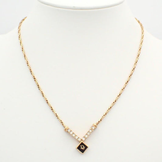 Dior Vintage Crystal V Pendant Necklace (Gold Tone)