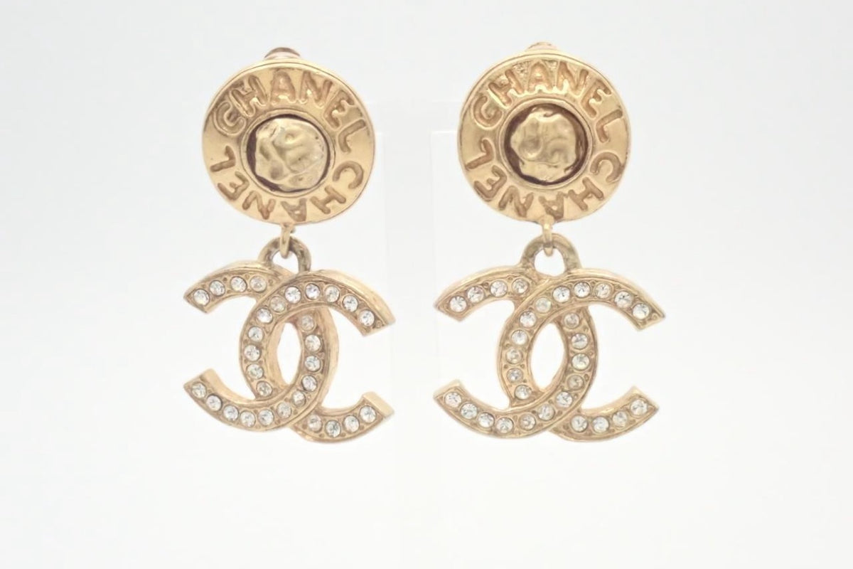 Chanel Crystal CC Logo Drop Clip-On Earrings