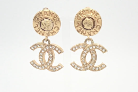 Chanel Crystal CC Logo Drop Clip-On Earrings