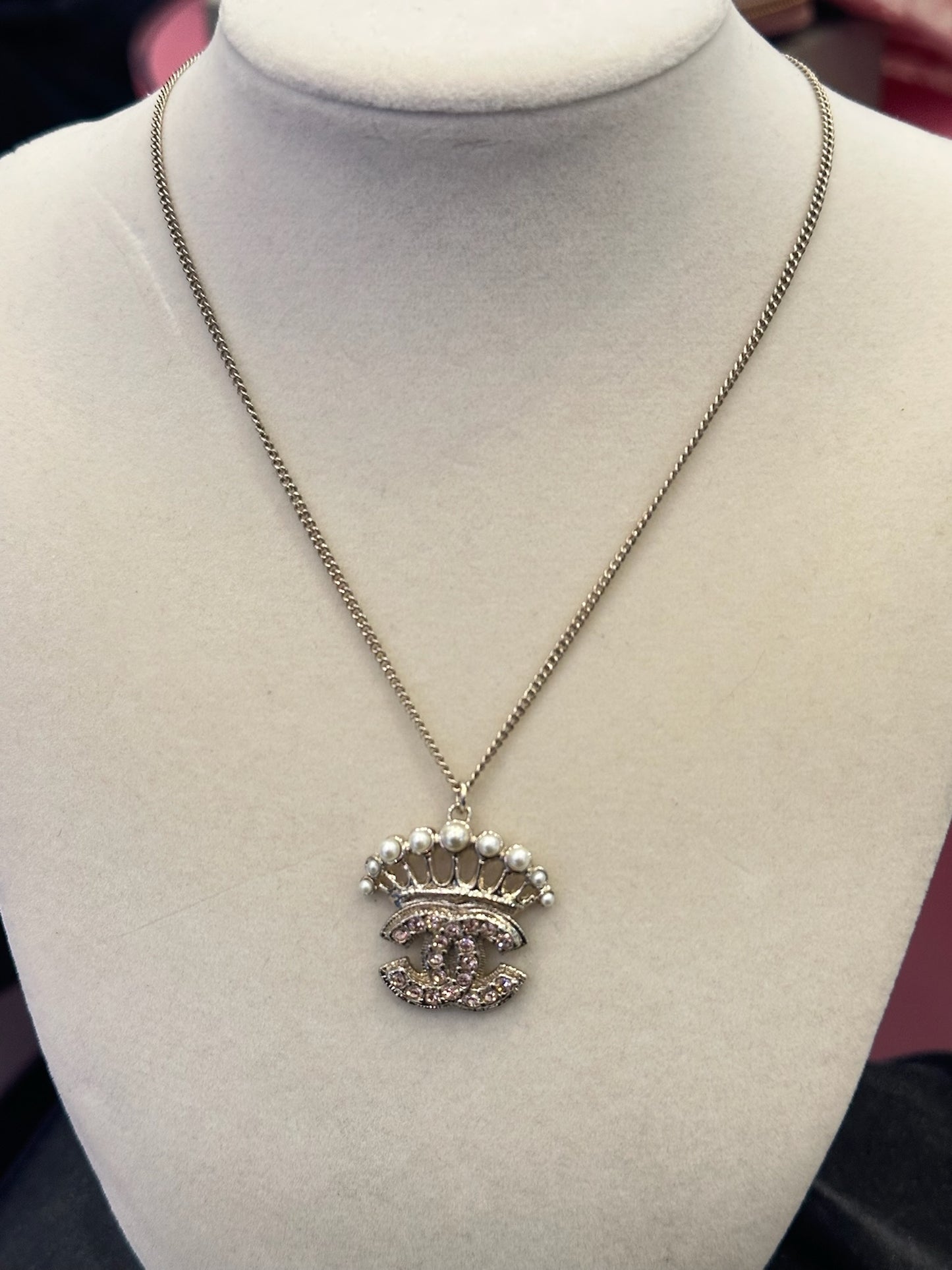 Vintage Chanel 2008 Pink Crystal CC Adjustable Sweater Necklace