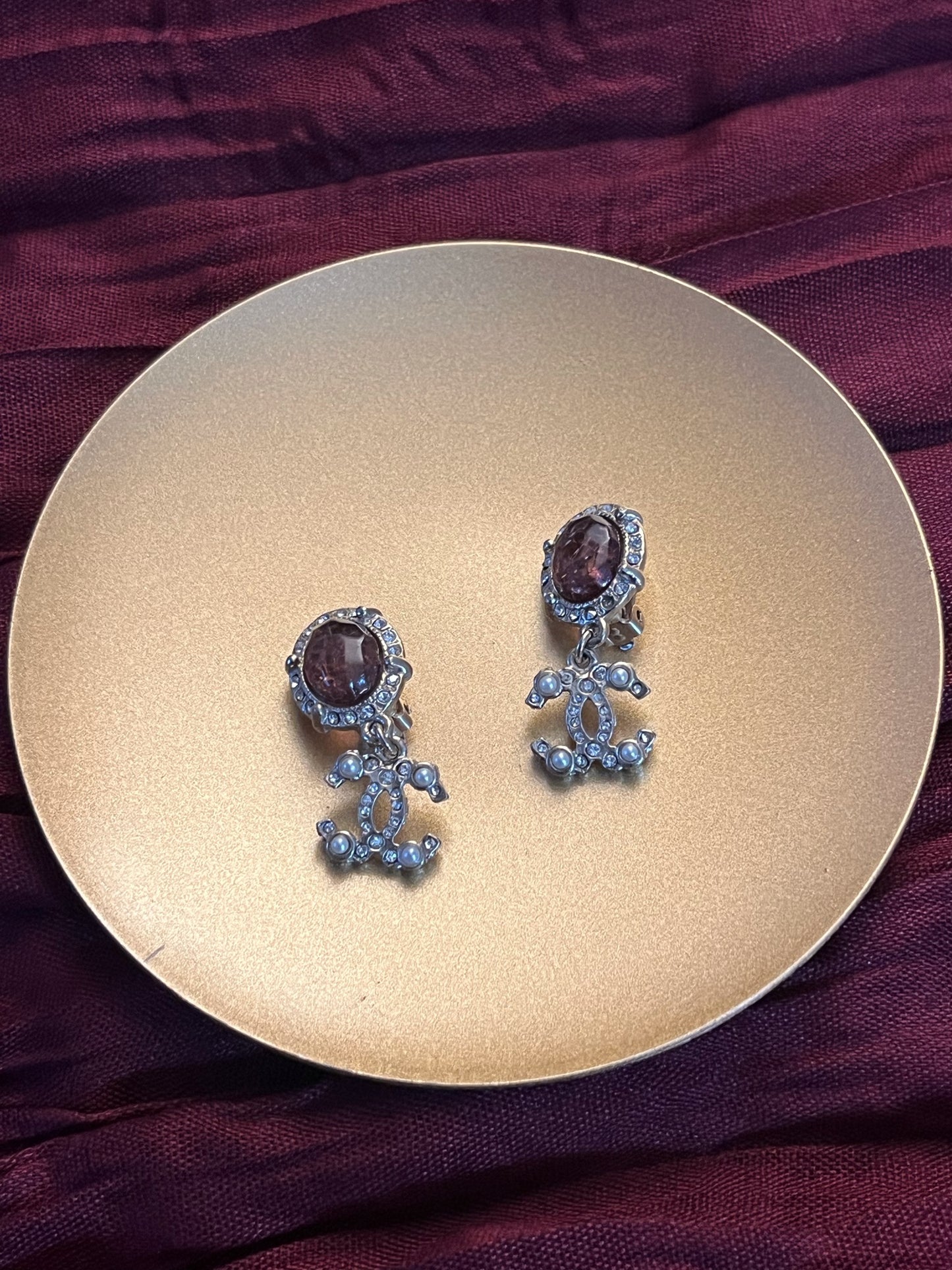 Vintage Chanel 2012 Red Agate Glass Double C Clip-On Earrings