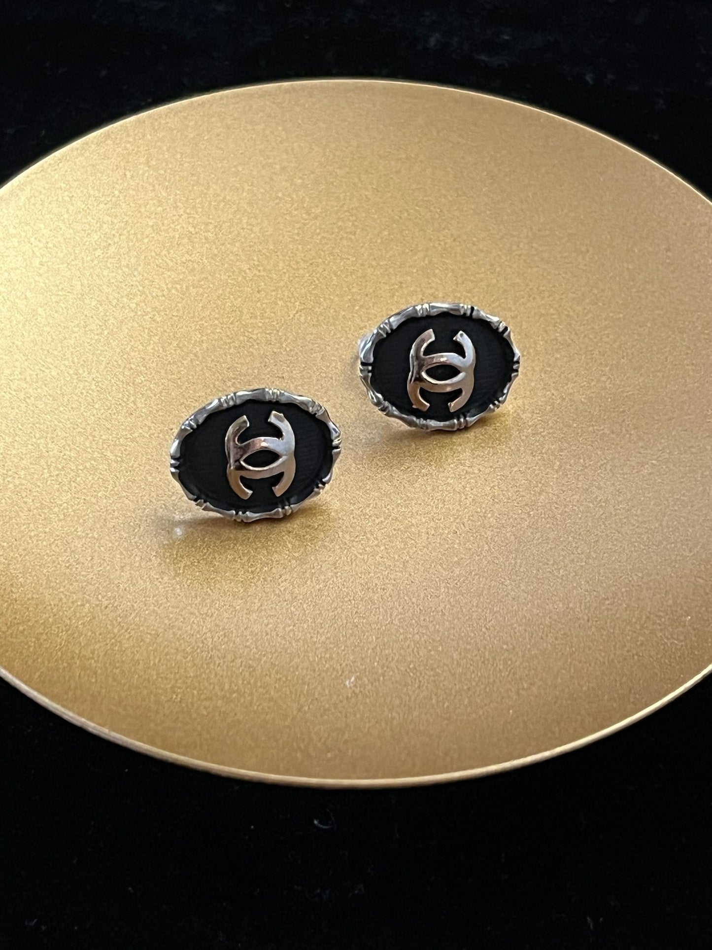 Chanel 1980s Black & Silver Shield Stud Earrings