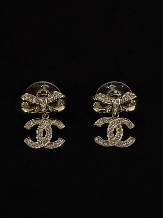 Chanel Crystal Bow CC Drop Earrings