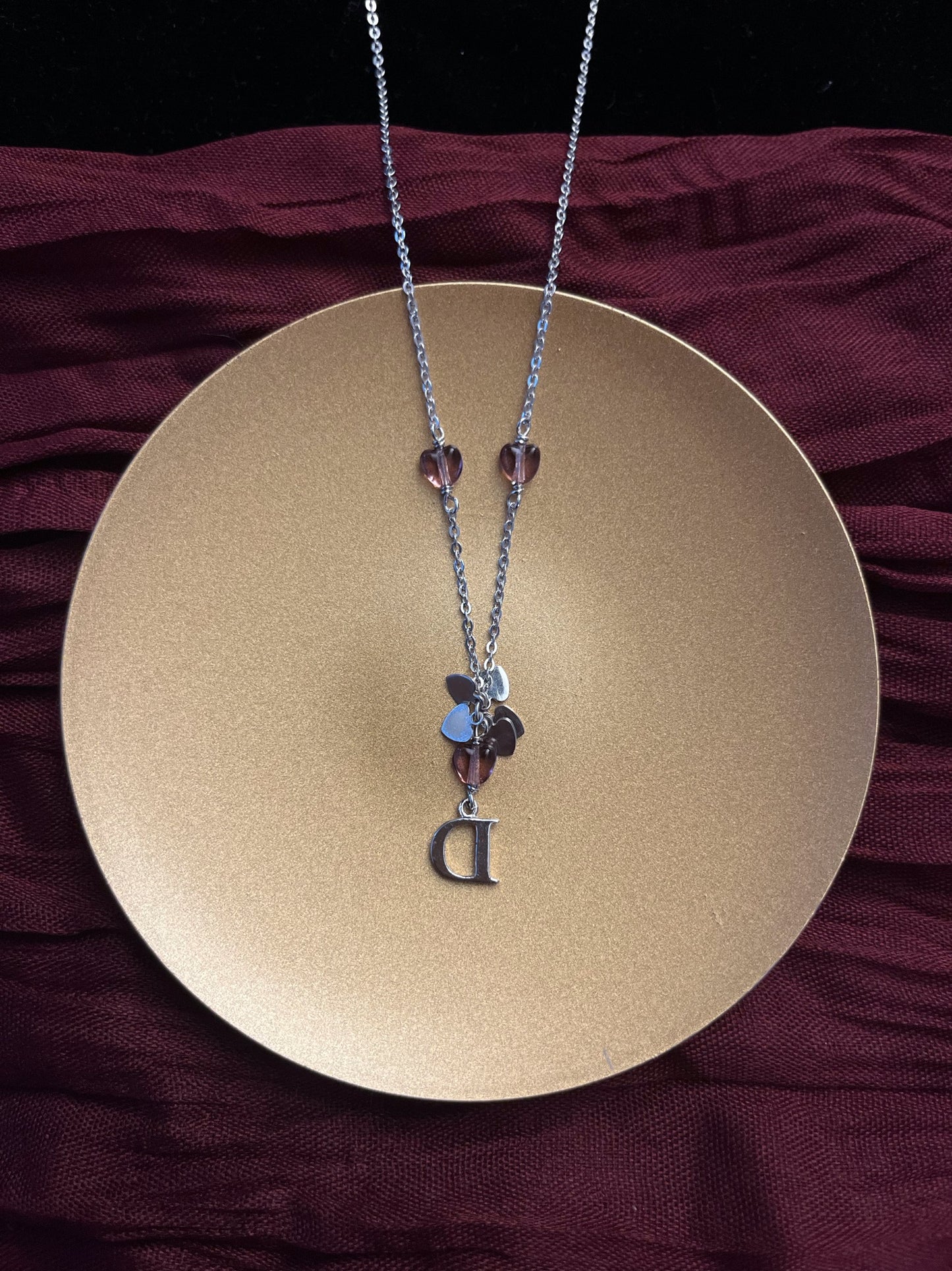 Dior Vintage Silver Heart & Rhinestone “D” Pendant Necklace