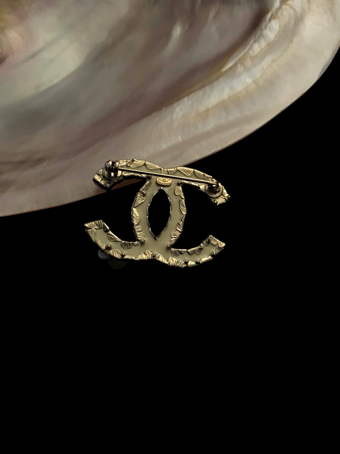 Chanel 2012 Pearl-White Gold-Edged Camellia Brooch