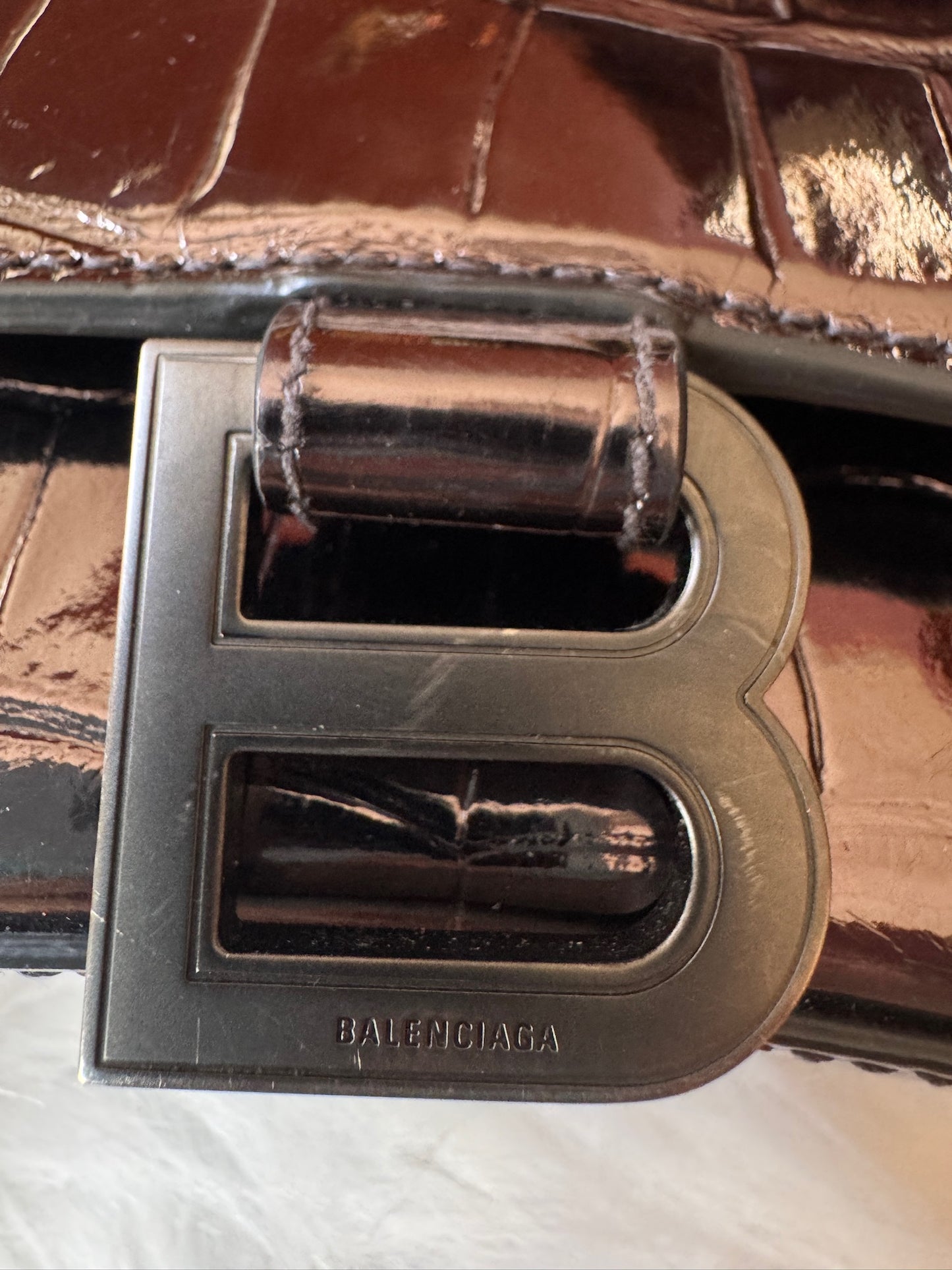 Balenciaga Hourglass XS Croc-Embossed Patent Leather Top Handle Bag