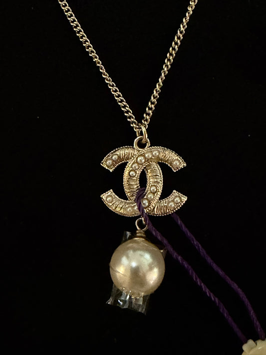 Chanel Crystal CC Faux Pearl Drop Pendant Necklace
