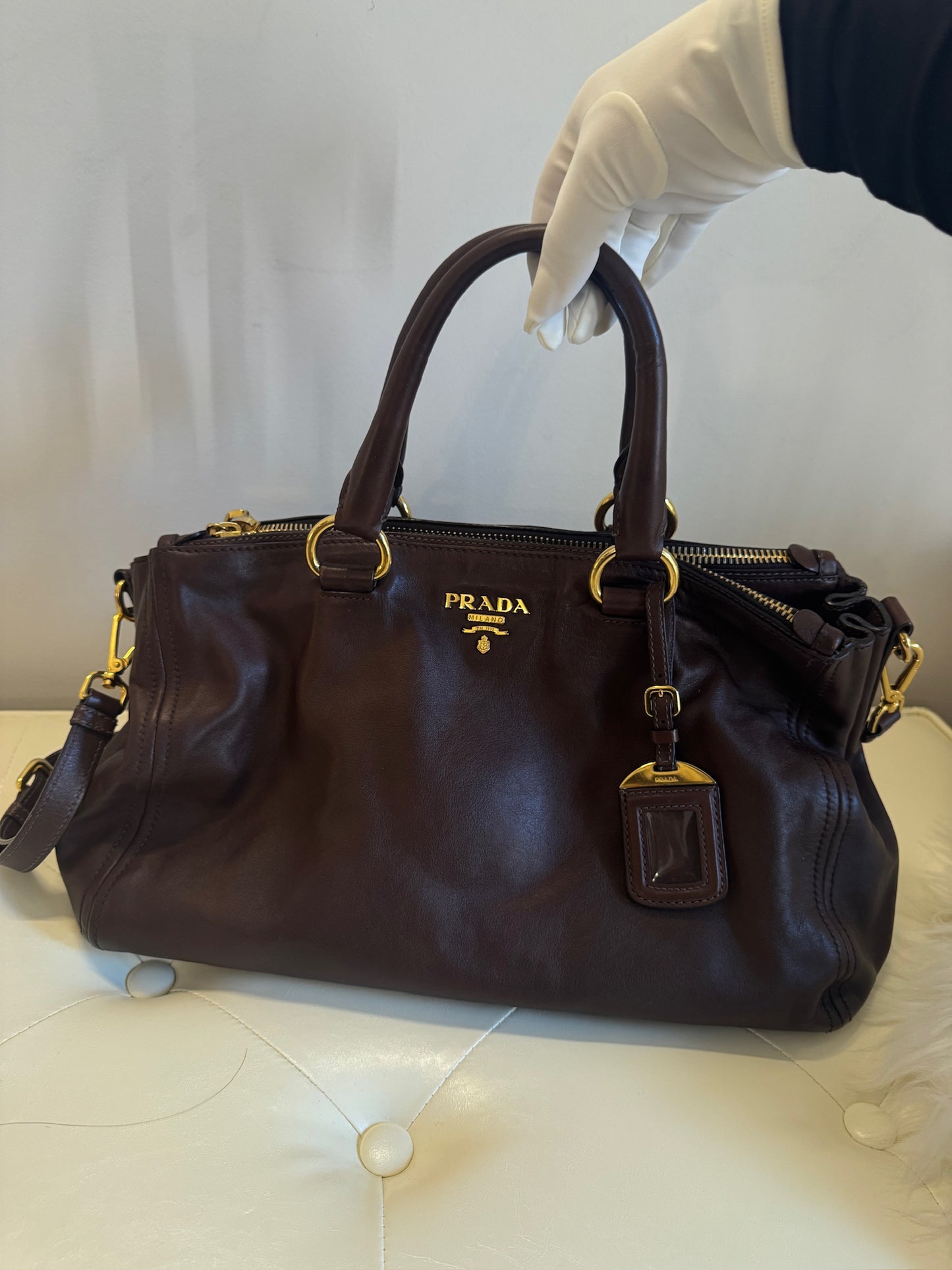 Prada Leather Top Handle Handbag – Dark Brown Large