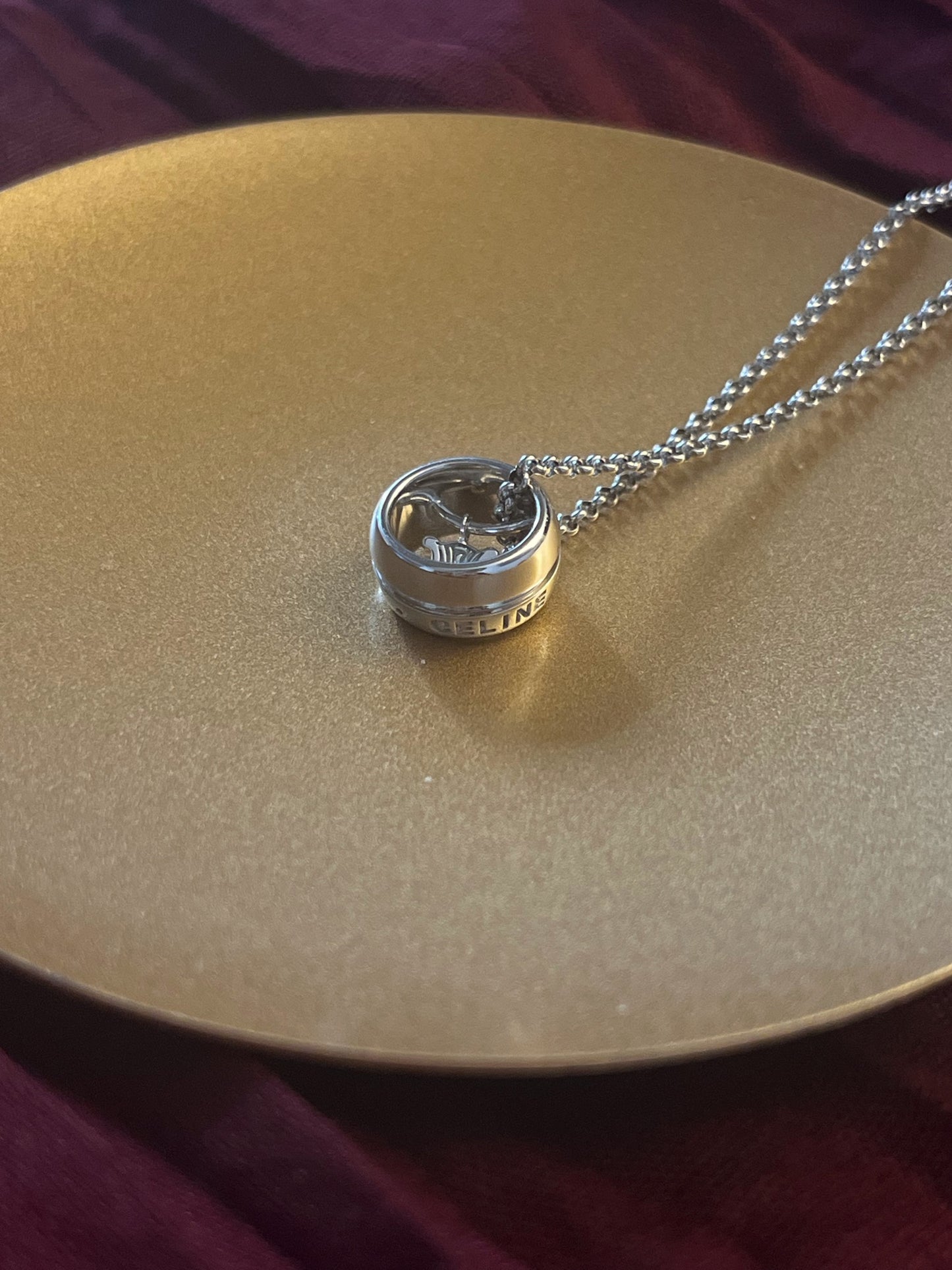 CELINE 925 Sterling Silver Logo Ring Pendant Necklace