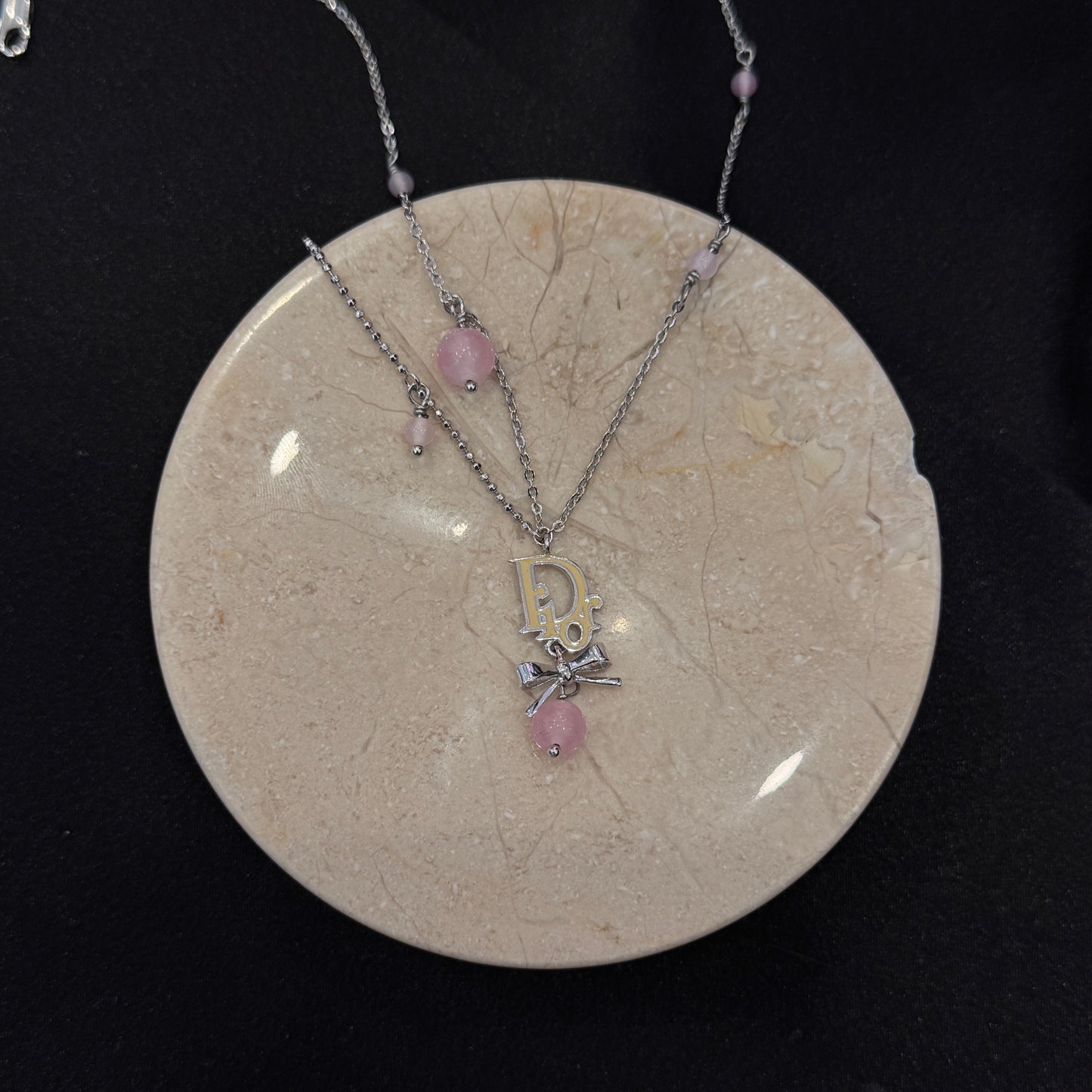Dior Vintage Crystal CD Bow Pearl Drop Necklace