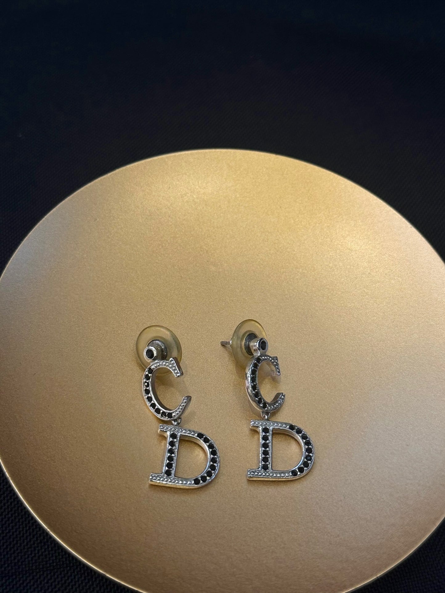 Vintage Dior Black Crystal CD Silver Earrings